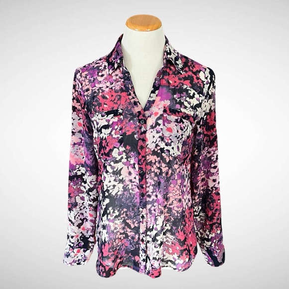 Express Portofino Sheer Floral Buttondown Shirt Long Sleeves - Picture 1 of 10